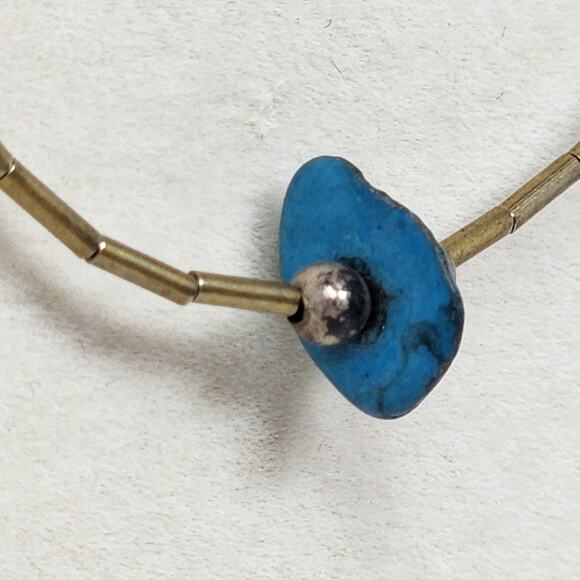 Sterling Silver Gold Two Tone Antique Vintage Genuine Raw Turquoise Necklace - Picture 4 of 7